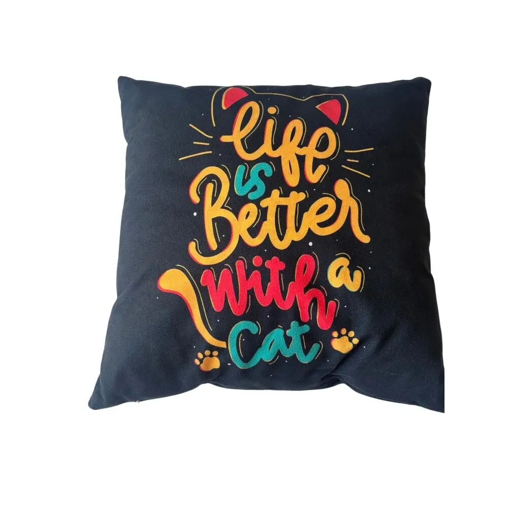 Life Is Better With a Cat Throw Pillow Black Colorful Kitty Paw Decor 16x16